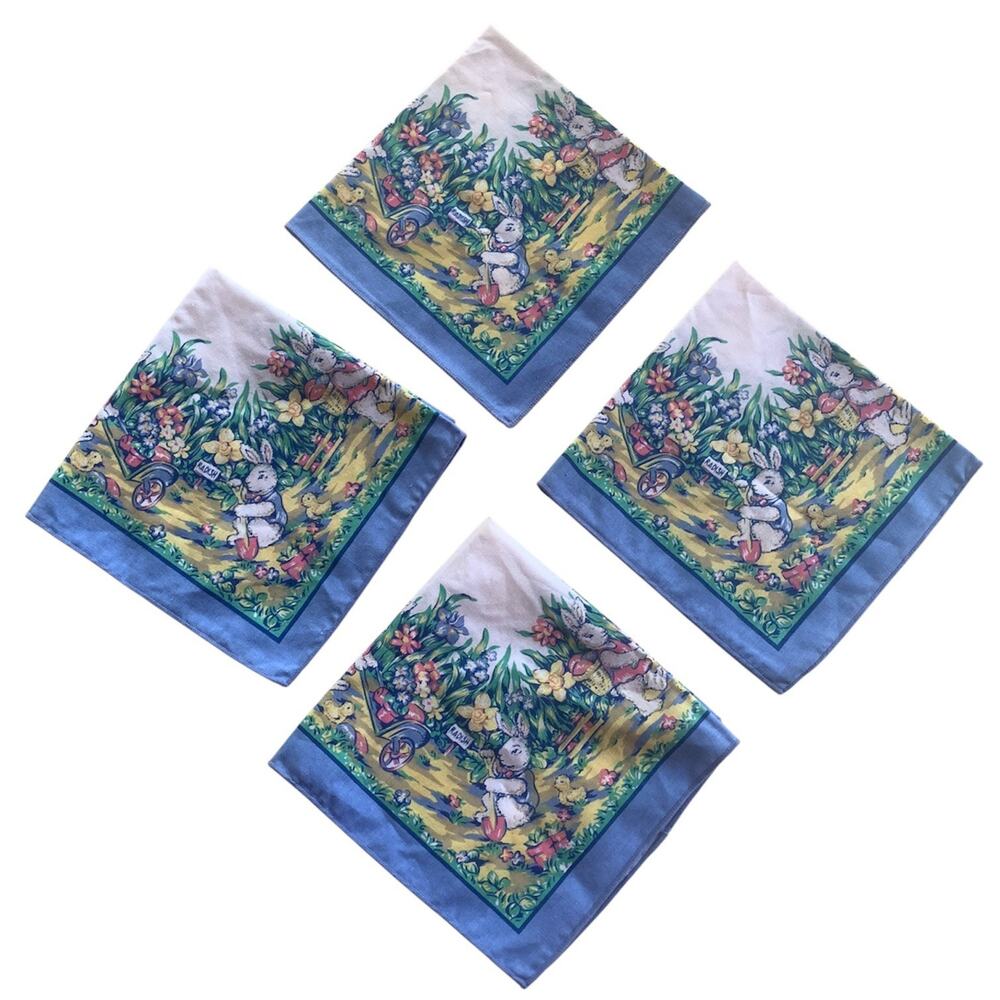 Set of 4 Vintage Bardwil Linens Easter Bunny Floral Garden Fabric Cloth Napkins